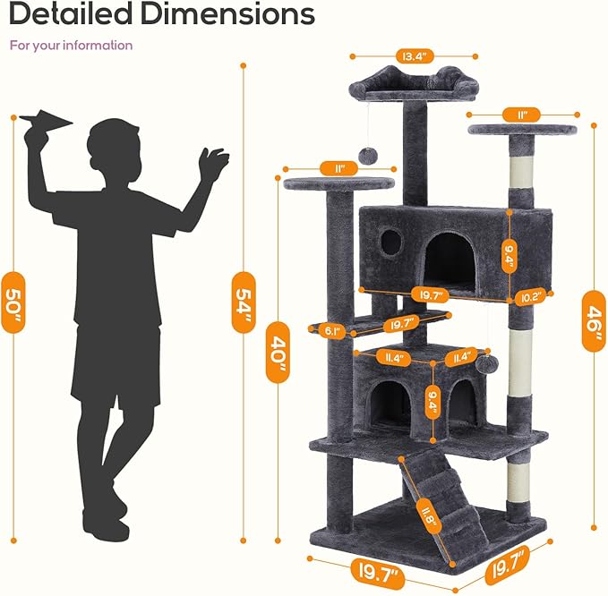 Cat Tree, 54-Inch Cat Tower for Indoor Cats with Sisal Scratching Post, Cat Play House, Large Kitty Condo, Plush Multi-Level with Climbing Ladder