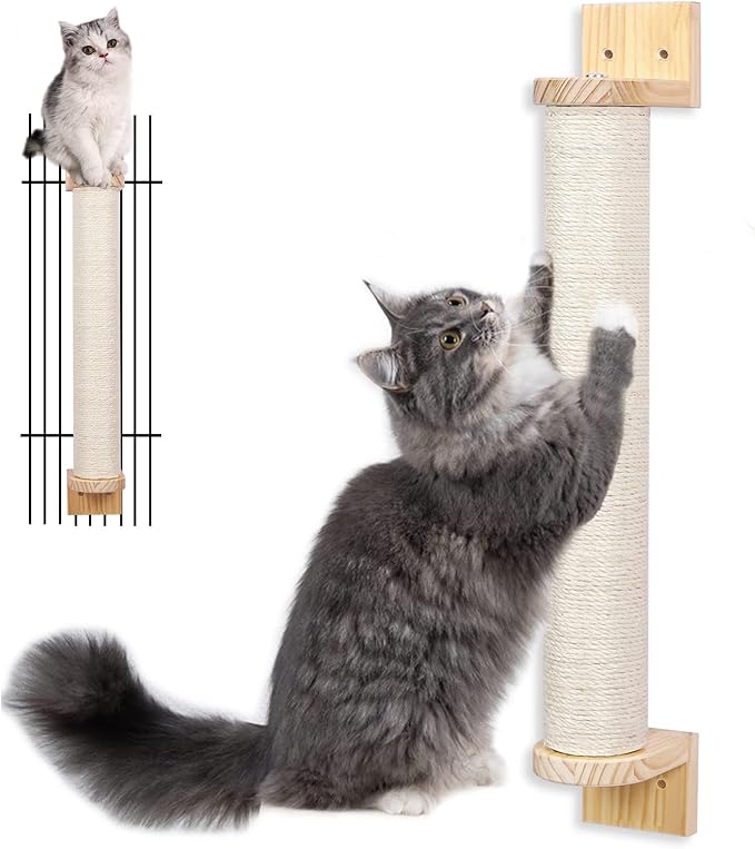 Wall Mounted Cat Scratching Post - 21'' Wooden Sisal Cat Scratcher,Hemp Rope Scratcher Posts for Indoor Cats or Kittens- Cute Modern Wall Mounted Cat Furniture