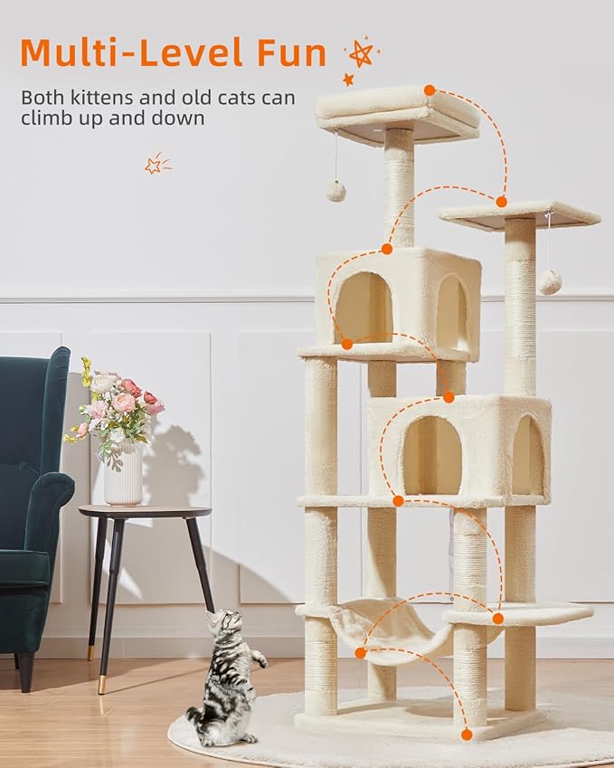 Taoqimiao Cat Tree, 61-Inch Cat Tower for Indoor Cats, Plush Multi-Level Cat Condo with 5 Scratching Posts, 2 Perches, 2 Caves, Hammock, 2 Pompoms, Beige MS013SM