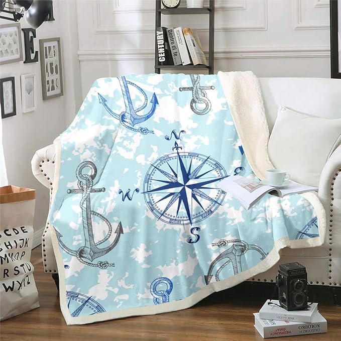 Anchor Decor Sherpa Blanket Nautical Compass Blanket for Bed Couch Travel Sofa Ocean Marine Themed Fleece Throw Blanket Kids Adults Soft and Cozy Sea Adventure Plush Fuzzy BlanketQueen 90"x90"