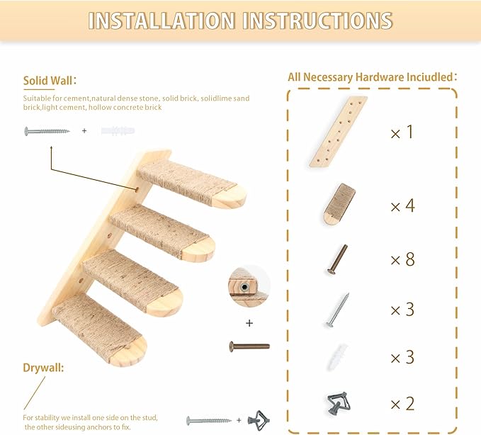 Cat Wall Steps,Cat Climbing Stair Shelf, Four Step Wood Cat Stairway with Jute Rope for Small Kitty Cats Perch Platform Supplies Cats Scratching Post