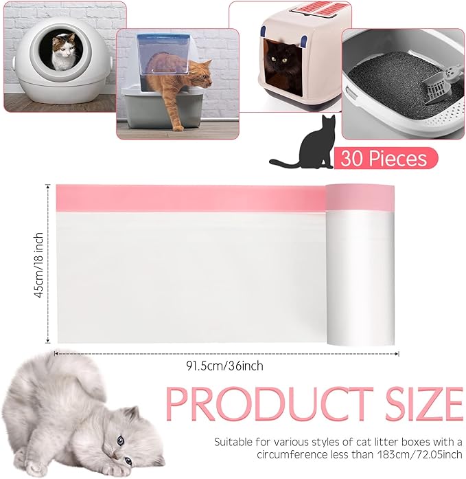 30 Count Cat Litter Box Liners Large Drawstring Cat Pan Bags Kitty Litter Box Liners XL Heavy Duty Liner Bags for Pets Cats Litter Box Tray, 36 x 18 Inch