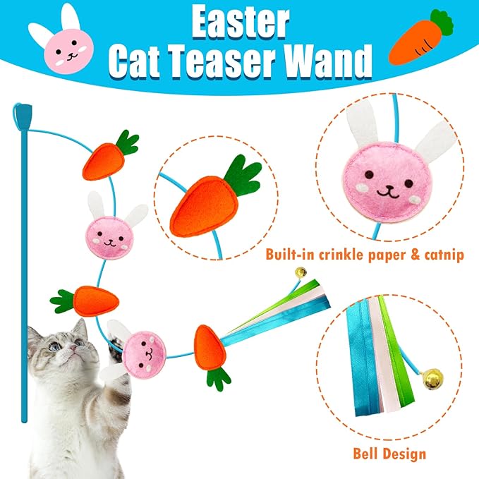 4 Pack Easter Cat Toys, Bunny Cat Wand Toy with Bell, Easter Egg Catnip Toys with Crinkle, Easter Gifts for Indoor Cats & Kitten & Kitty