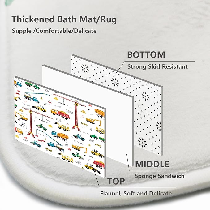 4 Pcs Excavator Kids Shower Curtain Sets, Tractor Machinery Trucks, Construction Vehicle Shower Curtain for Boys, Bulldozer Crane Bath Curtain Equipment Truck Shower Curtain Set, 72x72in