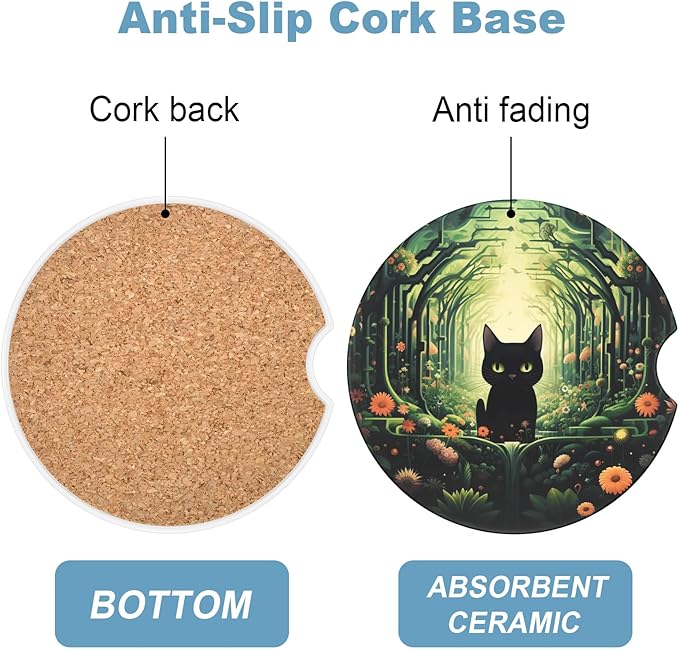 2 Pack Car Cup Holder Coaster, 2.63 inch Anti Slip Insert Absorbent Ceramic Car Coaster with Cork Base and Finger Notch, Cute Car Accessories Interior for Women, Cute Car Coasters., CH0025
