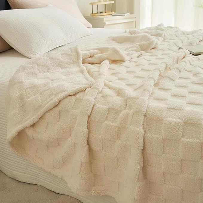 3D Fleece Checkered Blanket, Cozy Soft Warmer Comfort Lightweight for All Season, Fuzzy Aesthetic Room Decor for Couch Sofa Bed, Gifts for Christmas, Birthdays, White