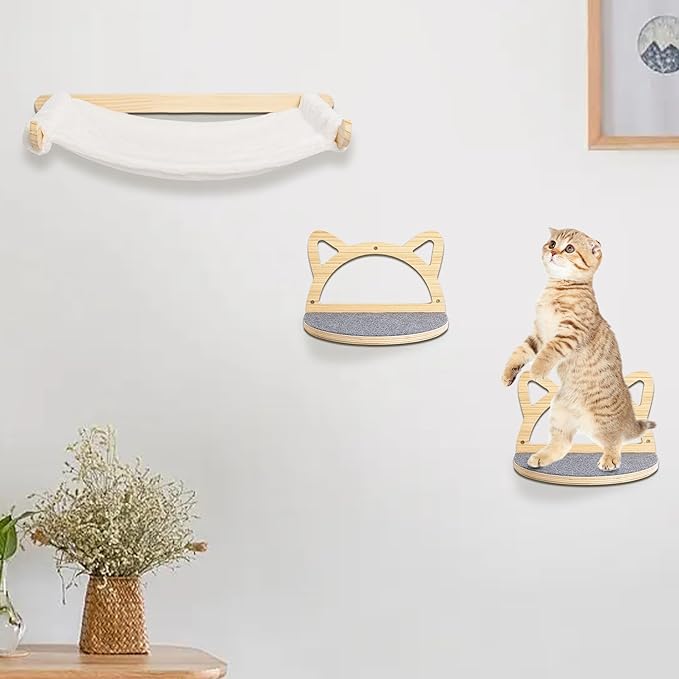 Defined Deco Cat Wall Shelves, Wall Mounted Cat Shelves and Perches with XXL Cat Hammock and 2 Cat Climbing Steps, Cat Furniture with Scratching Climbing Mat for Playing, Sleeping, and Lounging