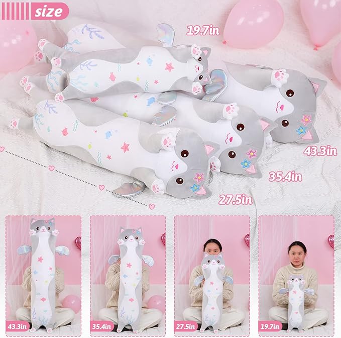 AIXINI Long Cat Plush Pillow Cartoon Cute Gray Cat Stuffed Animals, Soft Kawaii Kitten Plushies Pillow Toy for Kids (Gray,27.5inch)