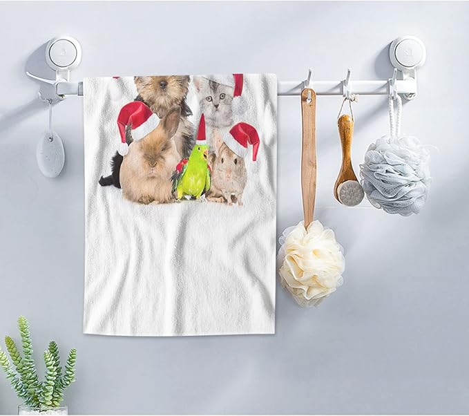 AOYEGO Dogs Cats Bathroom Towels Rabbits Bird in Christmas Red Hats Animal Family Soft Bath Hand Towels Microfiber Kitchen Hotel Spa Hand Towels 15x30 Inch