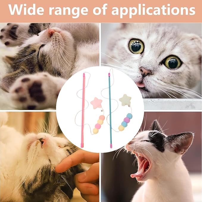 2 PCS Cat Wand Toy Interactive Cat String Toys Elastic Rope Plush Ball Star Pendant Cat Feather Toy Cat Stick Toy for Indoor Cat Mice and Animals Toys Pet Supplies