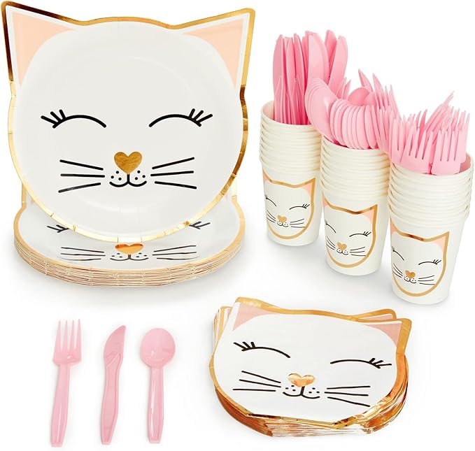 144 Piece Cat Themed Party Supplies Set, Serves 24 Includes Plates, Napkins, Cups, Cutlery – Kitty Birthday Decorations & Kitten Themed Parties Decorations