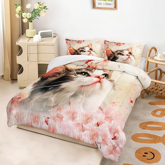 AILONEN Kawaii Cat Comforter Set Twin Size,Kids Girls Kitten Cat Bedding Printed Pink Flower Watercolor Lovely Animal Cat Comforter with 2 Pillowcases,3 Pieces