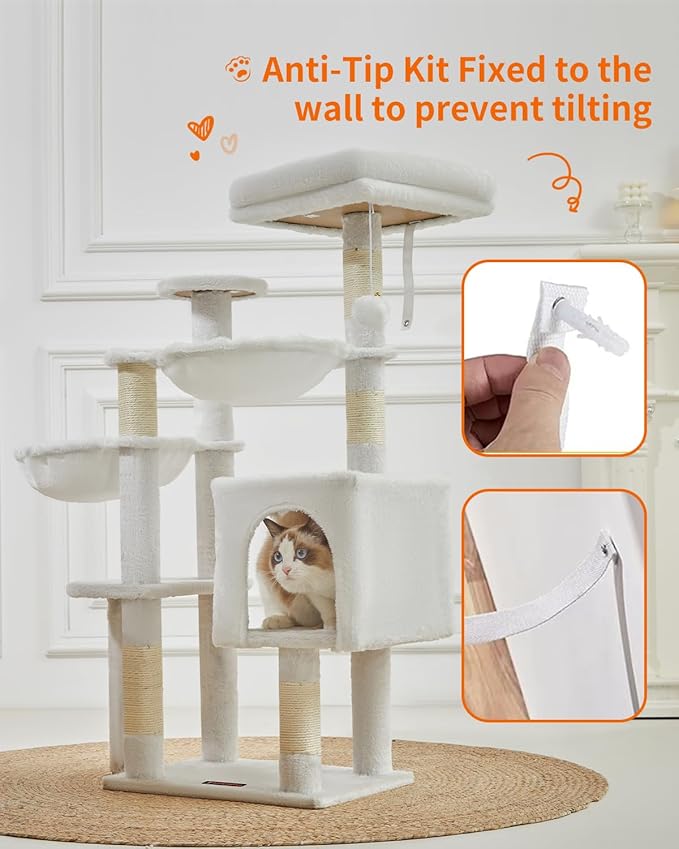 Taoqimiao Cat Tree, 39.4-Inch Cat Tower for Indoor Cats,Suitable for Kittens,Plush Cat Condo with 5 Scratching Posts, Plush Perch,2 Hammock,Pompoms, MS019C Cream White