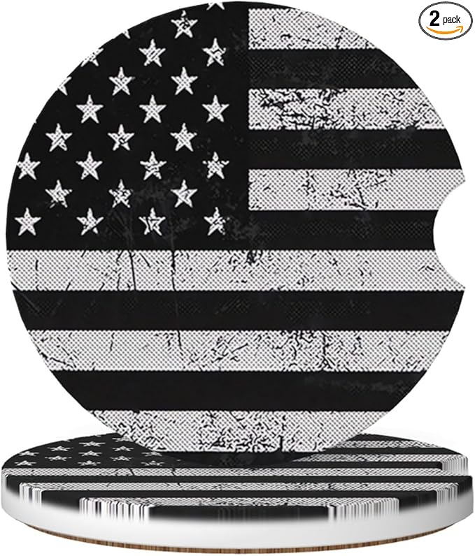 Absorbent Ceramic Car Coasters for Cup Holders, Black White American Flag Design 2.56" Anti Slip Universal Drink Cup Coasters for Women Men (2 Pack)