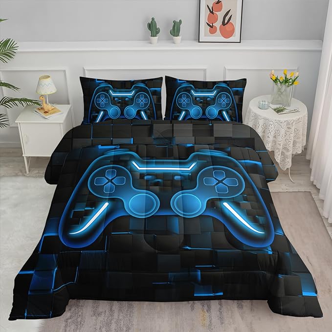 Axolotl Gamepad Comforter Set Full Size,Blue Grid Print Bedding Set,Boys Gaming Console Comforter Set,Modern Gaming controller Geometry Bedding Set for Adult Teens Men,1 Quilt 2 Pillowcases,Blue Black