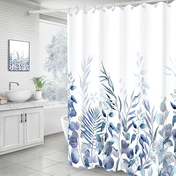 AWERT Shower Curtain Plants for Bathroom,Waterproof Quick-Drying Blue Leaves Shower Curtain Set with Hooks 60x72 Inch