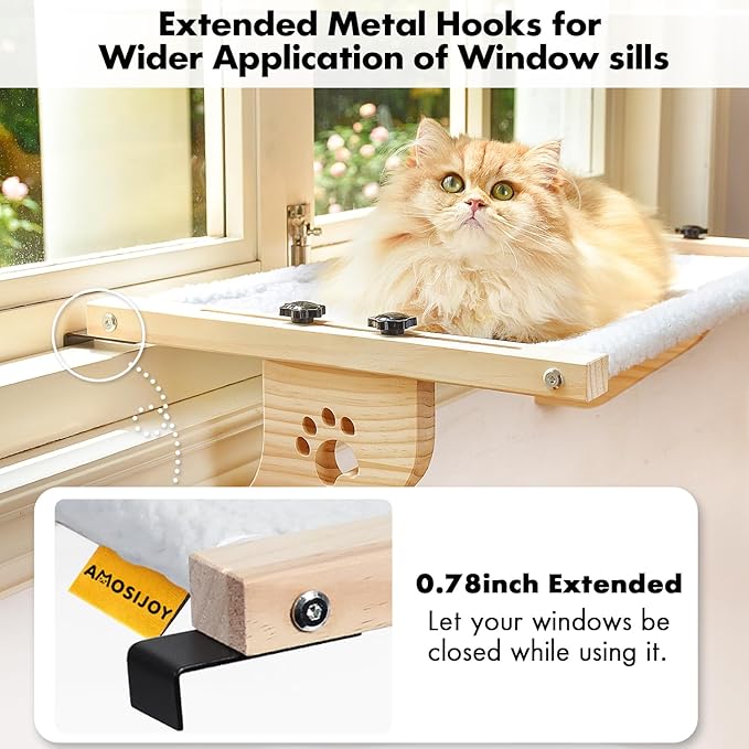 AMOSIJOY Cat Sill Window Perch Sturdy Cat Hammock Window Seat with Wood & Metal Frame for Large Cats, Easy to Adjust Cat Bed for Windowsill, Bedside, Drawer and Cabinet