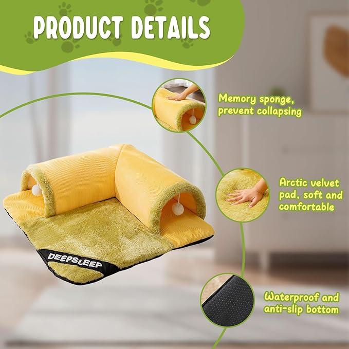 2-in-1 Cat Tunnel Bed for Indoor Cats, 27.5 Inch Cozy Peekaboo Design, Large Detachable & Washable Pet Bed and Play Tunnel for All Seasons, Perfect for Cats and Small Pets