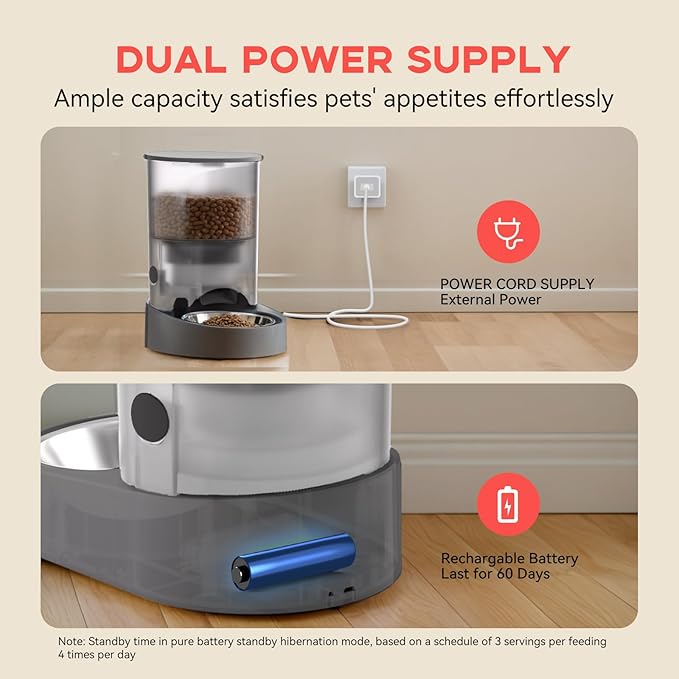 Automatic Cat Feeder, Rechargable 4L Cat Food Dispenser, Timed Pet Feeder with Dry Food Dispenser,Auto Feeder Up to 6 Meals, 6 Portions Per Meal - Grey