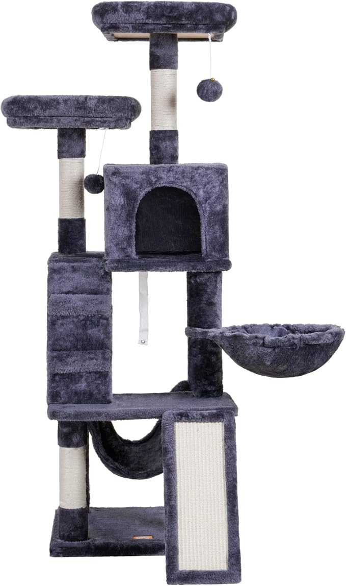 Heybly Cat Tree, Cat Tower for Indoor Cats,Multi-Level Cat Furniture Condo for Cats with Padded Plush Perch, Cozy Basket and Scratching Board Smoky Gray HCT014G