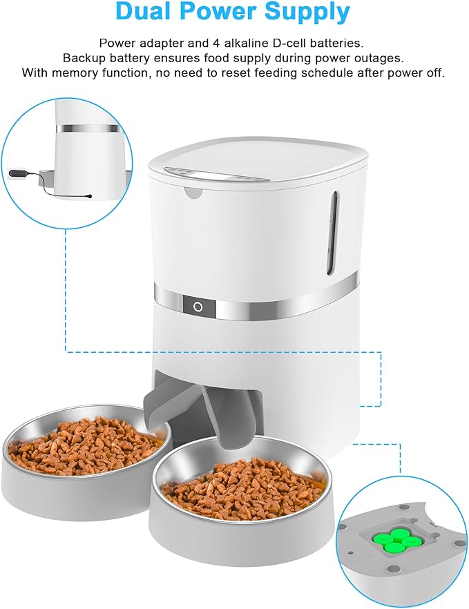 Automatic Cat Feeder, WellToBe Pet Feeder Food Dispenser for Cat & Small Dog with Two-Way Splitter and Double Bowls, up to 6 Meals with Portion Control, Voice Recorder - Battery and Plug-in Power