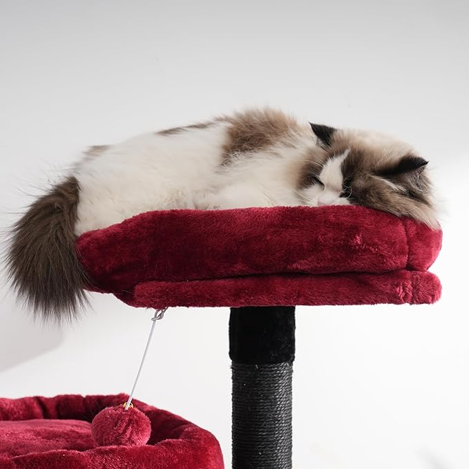 Heybly Gothic Cat Tree, Halloween Cat Tower for Indoor Cats,Multi-Level Cat Furniture Condo for Cats with Padded Plush Perch, Cozy Basket and Scratching Board,Black and Red HCT014BR