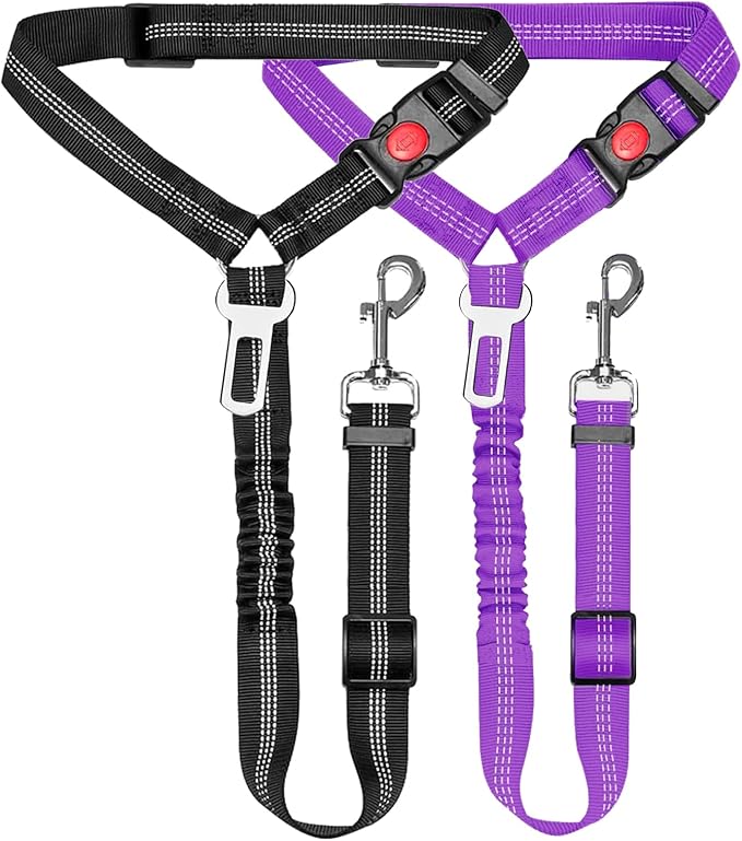 2 Packs Removable Dog Seat Belt Harness for Car, 3 in 1 Pet Dog Car Seatbelt Leash, Retractable Restraint Secures to Vehicle Headrest & Adjustable Reflective Dog Seatbelt Tether