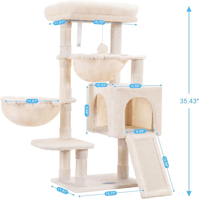 Hey-brother Cat Tree, Cat Tower for Indoor Cats, Cat House with Large Padded Bed, Cozy Condo, Hammocks, Sisal Scratching Posts, Big Scratcher, Beige MPJ006SM