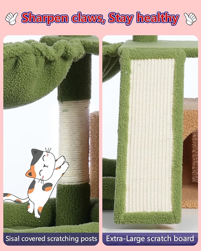 Cat Tree, Cat Tower with condo, Basket, Large Bed, Platform, Scratch Board, Cat Scratching Posts for Indoor Cats, Green and Yellow GCT002SGY