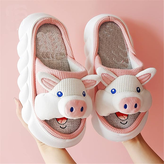 AZCHEN Women's Animal Cartoon Pig Slippers - Cute and Comfortable Linen Plush Slippers for Home