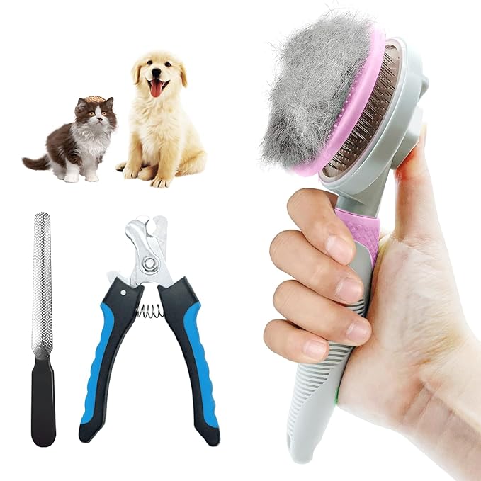 3PCS Grooming Kit with Self-Cleaning Slicker Brush, Nail Clipper & File for Dogs and Indoor Cats (Purple)