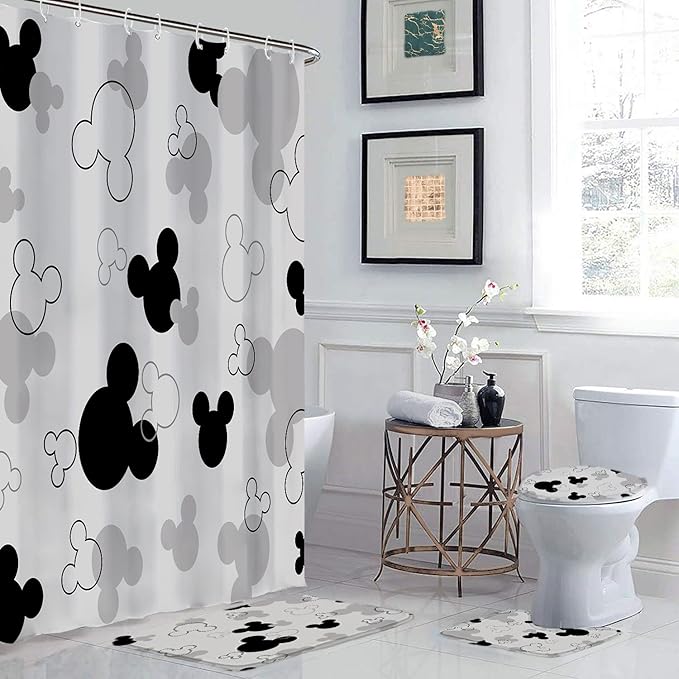 4 Pcs Black and Gray Mouse Bathroom Set - Includes Shower Curtain, Toilet Lid Cover, Contour Rug & Bath Mat - Waterproof Polyester Fabric, Non-Slip Backing - Gray Black Cartoon Design