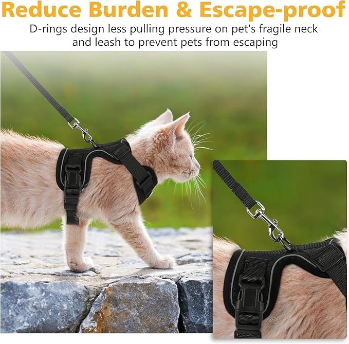 Dooradar Cat Harness and Leash Set, Escape Proof Safe Adjustable Kitten Vest Harnesses for Walking, Easy Control Soft Breathable Mesh Jacket with Reflective Strips for Cats, Black, XXS