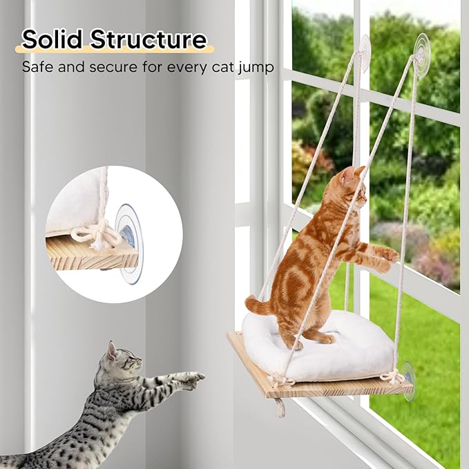Cat Window Perch, Cat Hammock Window Seat with Cushion Bed Cover - Solid Wood Seat & Strong Suction Cups - Hanging Cat Window Bed Cat Shelf for Small Medium Indoor Cats