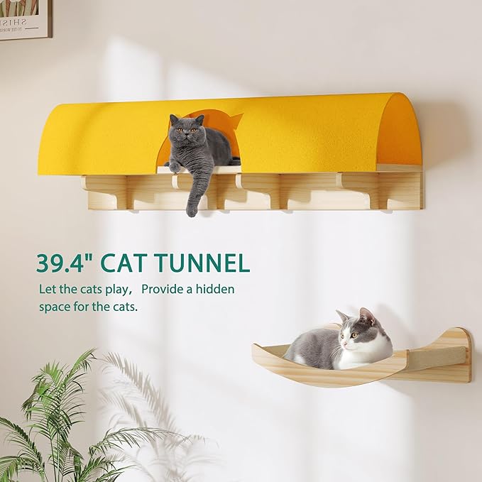 YITAHOME Solid Wood Cat Wall Shelves and Perches for Wall, Pine Wall Mounted Cat Tree Set of 13, Cat Climbing Shelves Playground Scratching Post with 5 Steps Indoor Mounted Moon Condos House