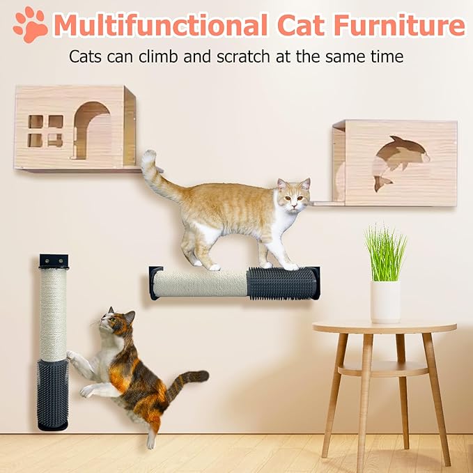 Cat Scratching Post Wall Mounted 2 Pack Cage Mount Cat Scratcher 2-in-1 Natural Sisal Kitty Scratch Posts with Self Groomer Massager for Scratch and Climbing 15.7x2.7in (White)