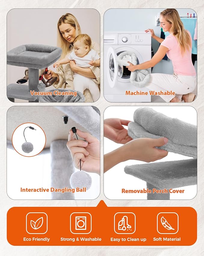 PETEPELA Small Cat Tree for Indoor Cats, 32'' Cute Cat Tower Cat Condo with Sisal Scratching Ramp, Cozy Hammock and Removable Top Bed Perch for Kittens, Grey