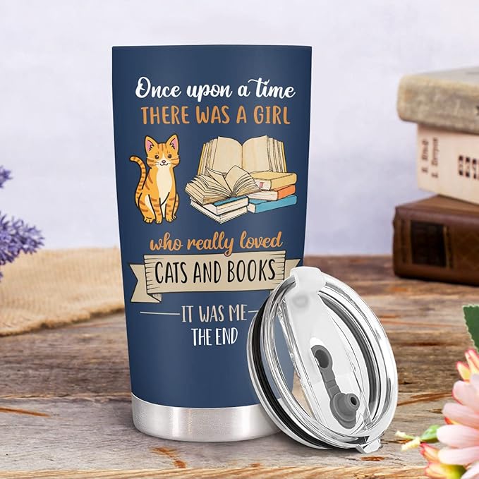 34HD Cat Coffee Tumbler with Lid, 20 oz Stainless Steel Vacuum Insulated Cat Book Travel Mug, Birthday Christmas Mothers Day Gifts for Pet Lovers Women Mom Librarian Her
