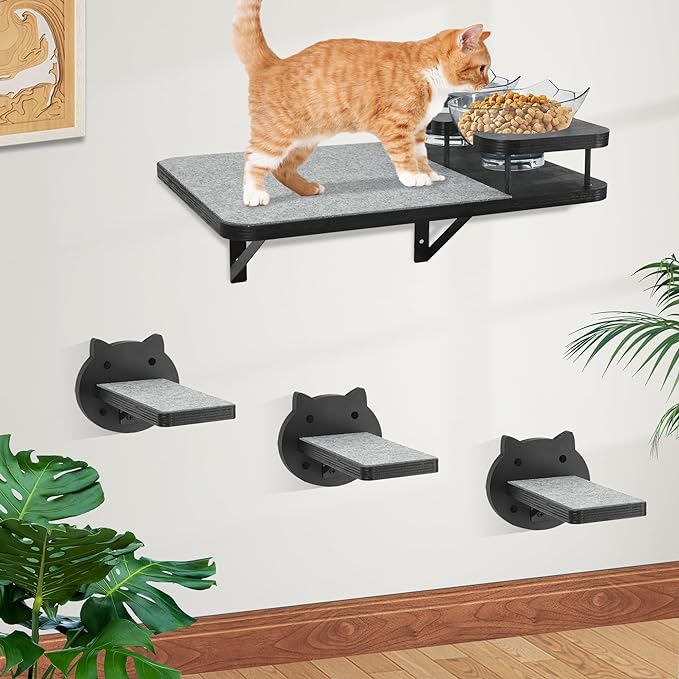 Cat Wall Shelves, Cat Shelves and Perches for Wall, Cat Shelves Wall Mount, Cat Wall Furniture with 3 Cat Wall Steps, Cat Climbing Shelf Cat Scratch Post, Cat Wall Shelf with 2 Cat Food Shelf