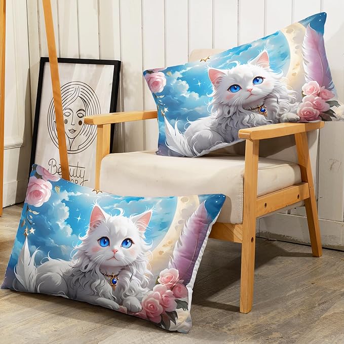 AILONEN Kids Kitten Bedding Set Twin Size,Cute Cartoon Cat Comforter Set for Girls Teens,Fairy Sky Moon Pink Rose Duvet Set 3 Piece,Beautiful Kitten Comforter with 2 Pillowcases