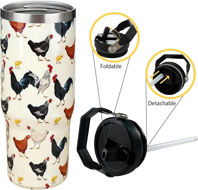 30oz Chicken Tumbler with Handle and Straw, Stainless Steel Vacuum Insulated Flip Straw 30 oz Coffee Rooster Tumbler, Spill Proof Travel Mug, Chicken Decor Gifts for Women