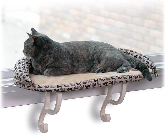K&H Pet Products Deluxe Kitty Sill w/ Bolster Cat Window Bed, Cat Window Perch for Large Cats, Cat Window Hammock, Cat Window Seat, Window Cat Bed, Cat Perch Cat Hammock –Tan Kitty Print