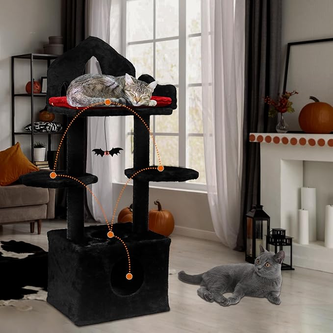 Gothic Cat Tree, 48in Black Cat Tree with Throne Bed, Cat Condo,Scratching Posts, Spooky Goth Cat Tree for Indoor Cats, Gothic Cat Tower