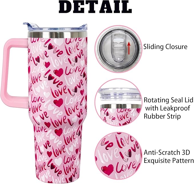 40 Oz Valentines Day Tumbler 3d-Printed Pink Love Tumbler Gifts for Couple Women Men Insulated Travel Cup with Handle Lid and Straw