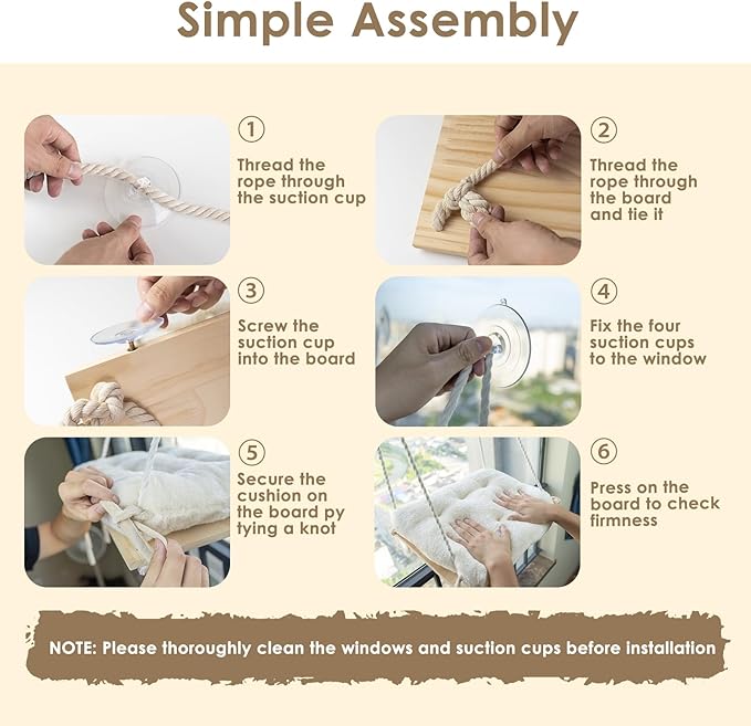 Cat Window Perch, Cat Window Hammock with Cushion Bed, Solid Wood Seat & Strong Suction Cups, Safety Cat Bed Window, Easy to Install Cat Indoor Furniture for Large Cats and Kittens