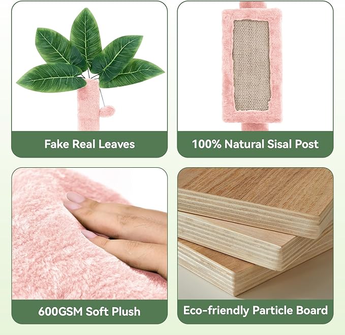 61" Large Cat Tree Tower for Indoor Cats with DIY Green Leaves Scratching Post Multi Soft Hang Ball Plush Cat House Furniture 360° Rotating Cat Scratch Board with Hammock, Square Pink