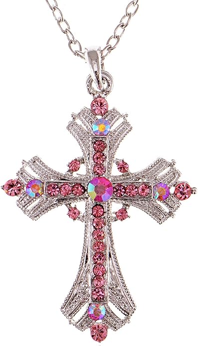 Alilang Silvery Tone Religious Cross Pendant Necklace w/Aquamarine Blue Or Clear Crystal Rhinestones