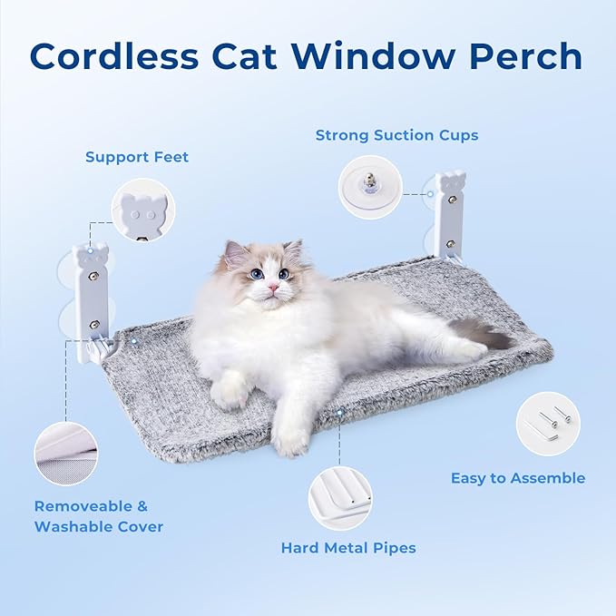 Cat Window Perch for Cats Inside, Foldable Cat Window Hammock for Large Cats Indoor, Cordless Cat Window Bed Seat with 4 Suction Cups, Sturdy Metal Frame, Soft Reversible Cover, Large, Grey