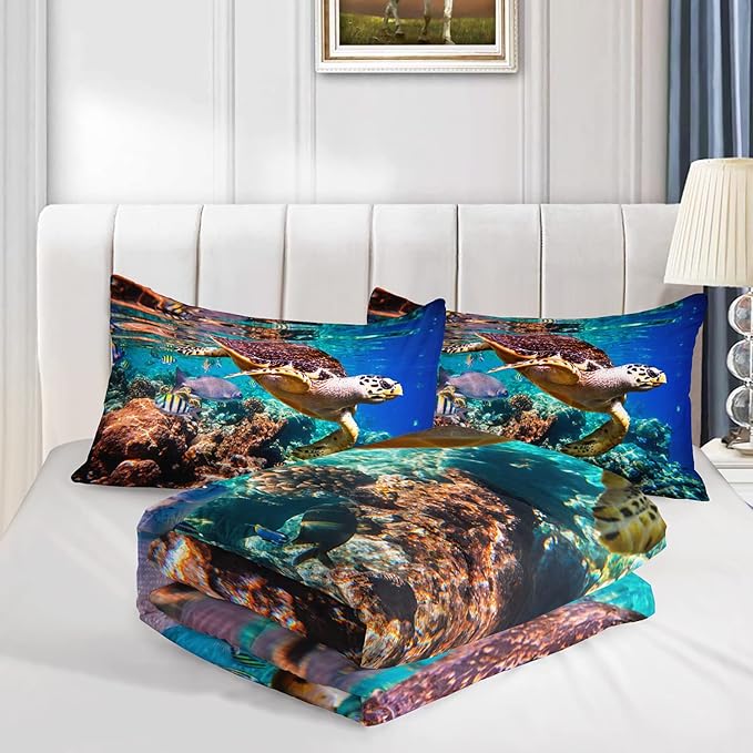 AILONEN Sea Turtle Comforter Set, Sea Turtle Bedding Set for Teens Boys and Girls,Twin Size Bed-in-a-Bag Ocean Turtle Themed Duvet(1 Comforter 2 Pillowcases 3 Piece) Full