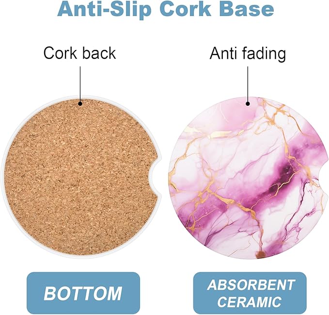 2 Pack Car Cup Holder Coaster, 2.63 inch Anti Slip Insert Absorbent Ceramic Car Coaster with Cork Base and Finger Notch, Cute Car Accessories Interior for Women, Cute Car Coasters., CH0025